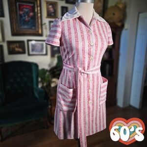 1960s Shirt Dress Joseph Magnin Vintage Pink Stripe Cotton Mod Mini Belted S